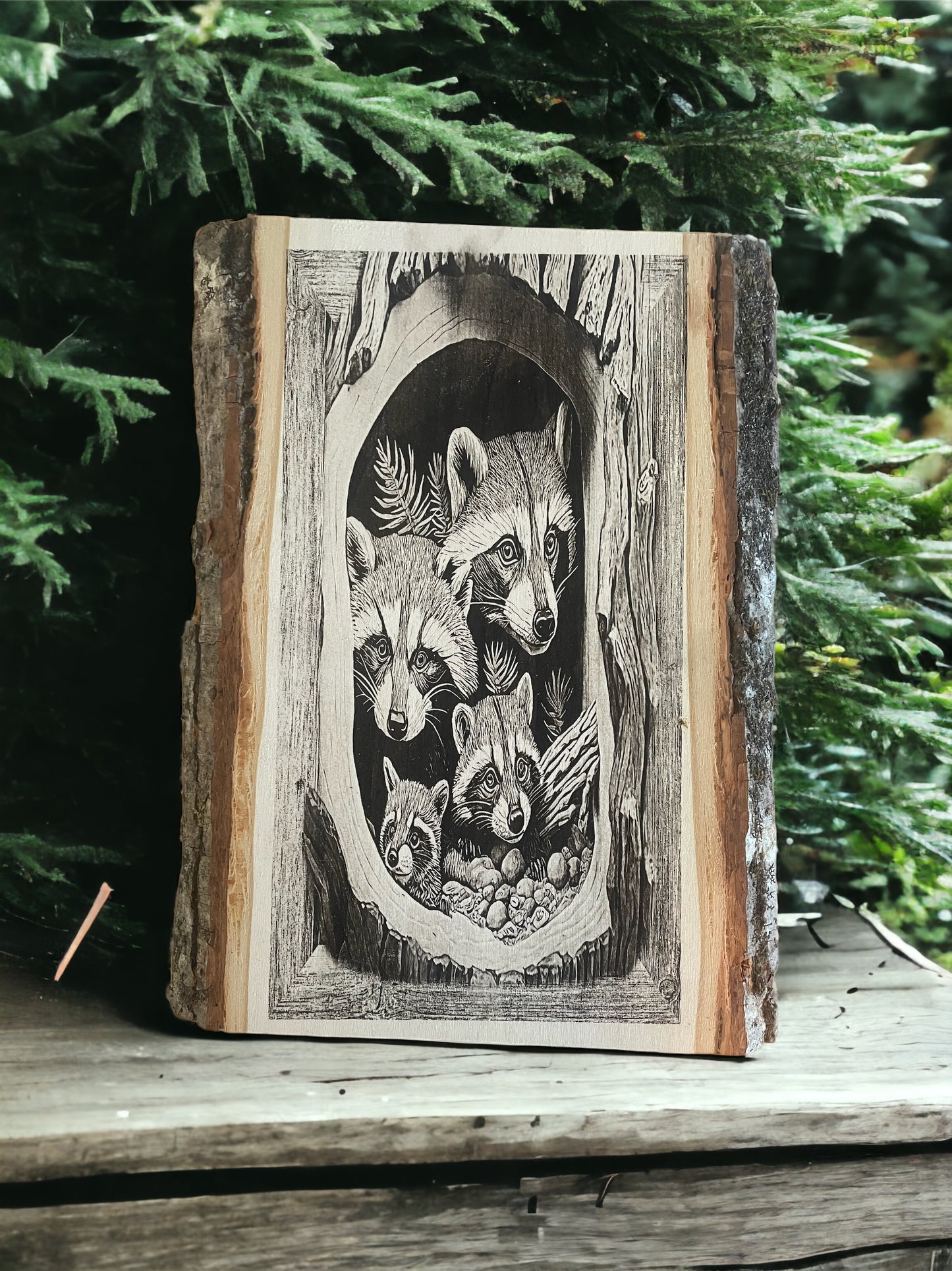 Raccoons Family Engraved Wood Plaque